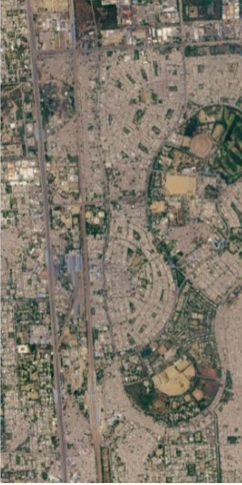 Satellite view of a place in India shaped like the letter D