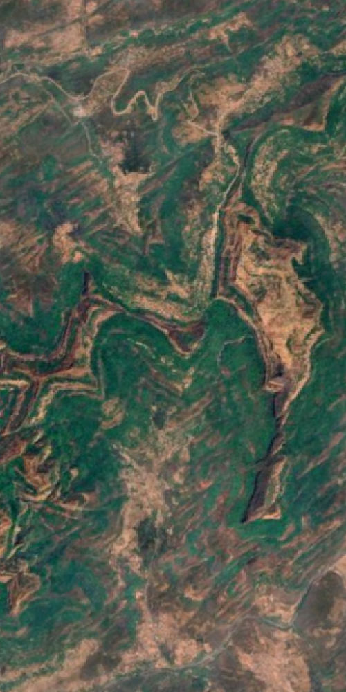 Satellite view of a place in India shaped like the letter M