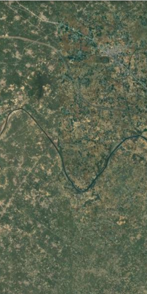 Satellite view of a place in India shaped like the letter V